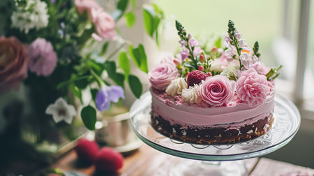 Birthday cake decorated with candles and flowers on the festive table with pink baloons. Selective focusの素材