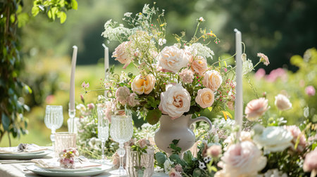 Table setting with rose flowers and candles for an event party or wedding reception in the summer garden.の素材