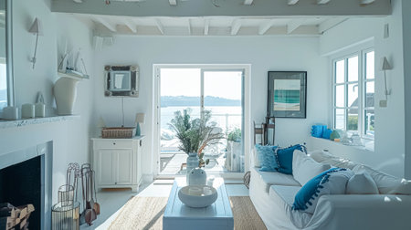 Interior of a living room with white walls, sofa and cushions. Sitting room in coastal cottage with sea view. Luxury lounge roomの素材