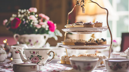Elegant table setting for tea party with cakes and cupcakes in English manor. Selective focus. Vintage styleの素材