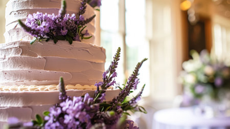 Wedding cake with lavender flowers. Festive table decoration.の素材