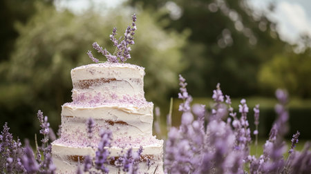 Wedding cake with lavender flowers. Festive table decoration.の素材