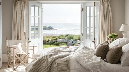 Beautiful interior of luxury bedroom with window sea view. Coastal cottage concept. High quality photoの素材
