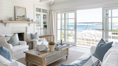 Interior of a living room with white walls, sofa and cushions. Sitting room in coastal cottage with sea view. Luxury lounge roomの素材