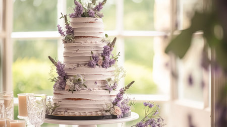 Wedding cake with lavender flowers. Festive table decoration.の素材