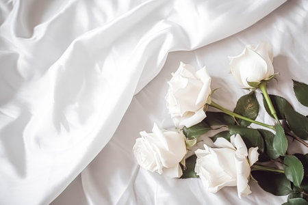 Floral composition. White flowers on white fabric. Flat lay, top view, copy space.の素材