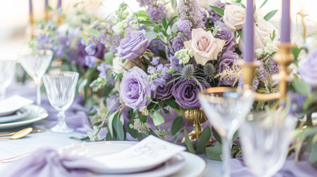 Wedding table decoration with lavender flowers, sweets, cake and candlesの素材
