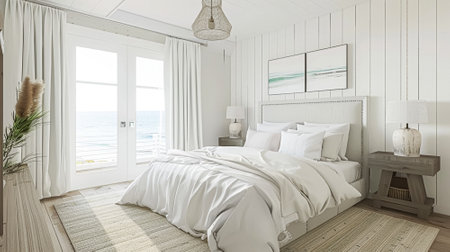 Beautiful interior of luxury bedroom with window sea view. Coastal cottage concept. High quality photoの素材