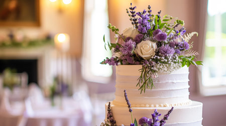 Wedding cake with lavender flowers. Festive table decoration.の素材