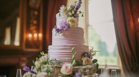 Wedding cake with lavender flowers. Festive table decoration.の素材