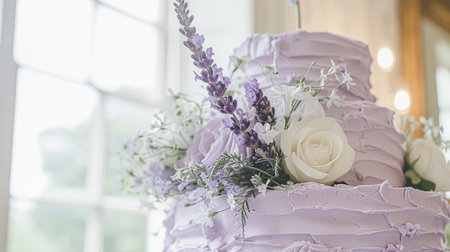 Wedding cake with lavender flowers. Festive table decoration.の素材