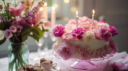 Birthday cake with candles and flowers on the table. Selective focus.の素材