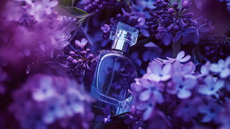 Perfume bottle with beautiful flowers. Floral background. Beauty concept. Flat lay, top view.の素材
