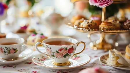 Elegant table setting for tea party with cakes and cupcakes in English manor. Selective focus. Vintage styleの素材
