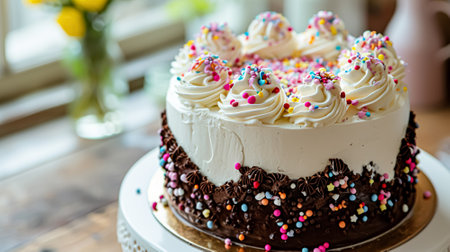 Birthday cake with candles and flowers on the table. Selective focus.の素材