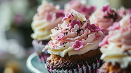Birthday cake with candles and flowers on the table. Selective focus.の素材