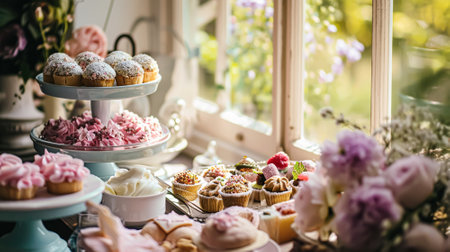 Birthday table decoration with sweets, flowers, candles and pink balloons. Selective focusの素材