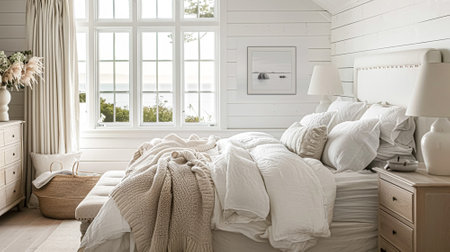 Beautiful interior of luxury bedroom with window sea view. Coastal cottage concept. High quality photoの素材
