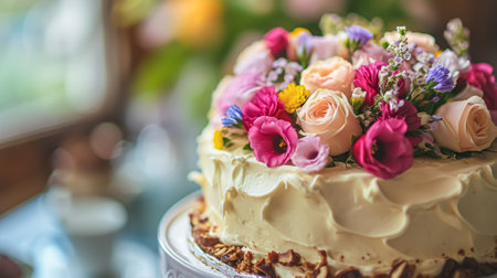 Birthday cake decorated with candles and flowers on the festive table with pink baloons. Selective focusの素材