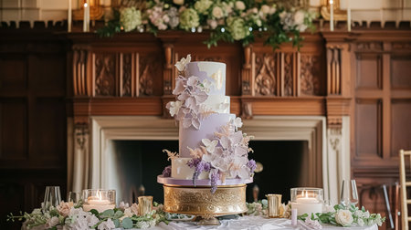 Wedding table decoration with lavender flowers, sweets, cake and candlesの素材