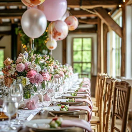 Birthday table decoration with sweets, flowers, candles and pink balloons. Selective focusの写真素材