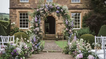 Wedding Ceremony Decorated with Lavender Flowers in the garden. Holiday conceptの素材