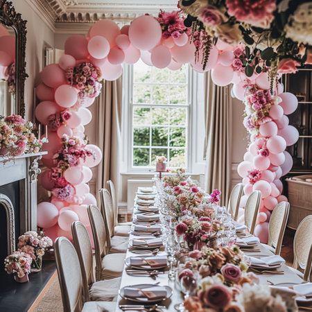 Birthday table decoration with sweets, flowers, candles and pink balloons. Selective focusの写真素材