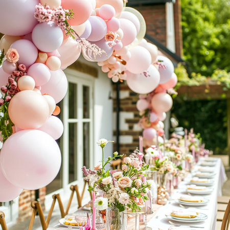 Birthday table decoration with sweets, flowers, candles and pink balloons. Selective focusの写真素材