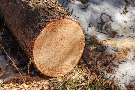 Close up of fresh cut tree trunk with drops of resin. High quality photoの写真素材