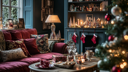 Living room interior with Christmas tree, holiday decorations and fireplace. Holidays conceptの素材