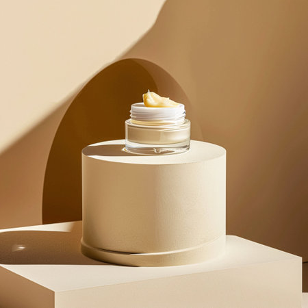 Cosmetic cream in a glass jar. Skin care concept. Background for beauty productsの素材