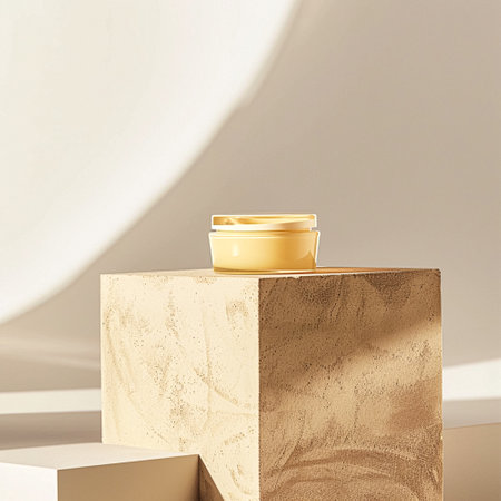 Cosmetic cream in a glass jar. Skin care concept. Background for beauty productsの素材