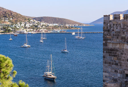 View from Castle on Bodrum city, green mountains, blue sea and port with yachts. Traveling conceptの写真素材