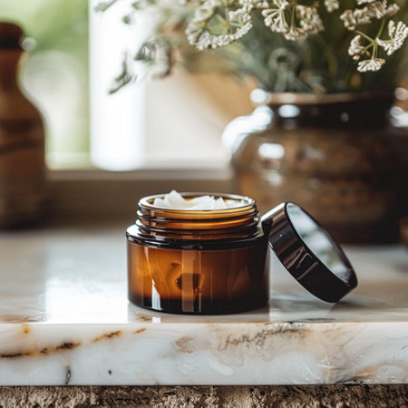 Cosmetic cream in a glass jar. Skin care concept. Background for beauty productsの素材