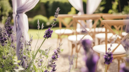 Aisle with wooden chairs and purple lavender floral decorations at an outdoor wedding ceremony in the gardenの素材