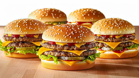 Perfectly assembled double cheeseburgers, showcasing juicy patties, melted cheese, crisp lettuce, fresh tomatoes, onions, and pickles, all nestled in sesame seed buns on a wooden surface.の素材