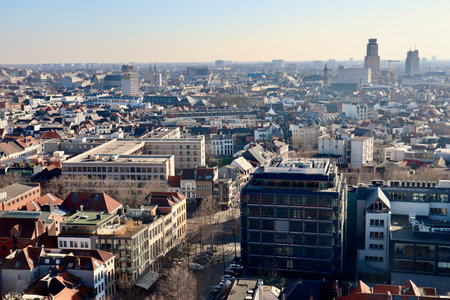 Antwerp cityscape panoramic view revealing historical and modern architecture under clear sky, urban development. High quality photoの写真素材