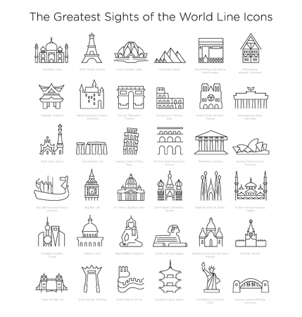 The Greatest Sights Of The World Line Icons. Big Ben, Eiffel Tower, Colosseum, Pyramids, Capitol, Statue of Liberty, Stonehenge, Kremlin, Tower of Pisa, Taj Mahal, Tower Bridge, Great Wall of Chinaのイラスト素材