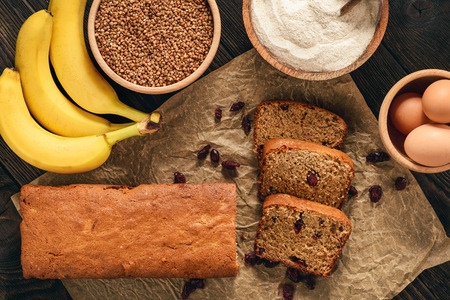 Homemade banana bread with cranberry, gluten free, with buckwheat flour.の写真素材