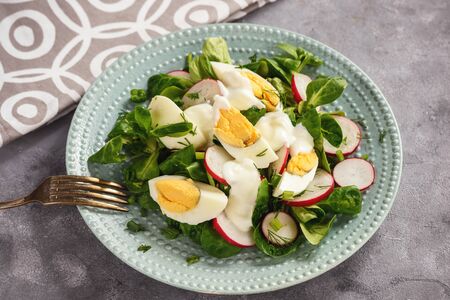 Radish salad with boiled eggs and yogurt.の写真素材