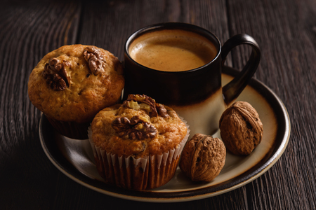 Homemade walnut and cranberry muffins.の写真素材