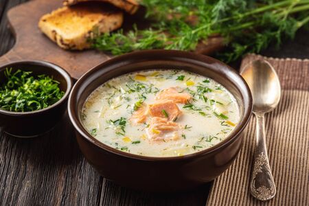 Homemade salmon and leek creamy soup.の写真素材