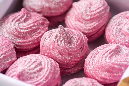 Homemade berry zephyr or marshmallow in wooden box.の写真素材