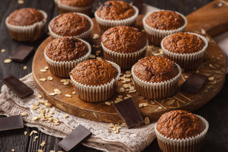 Homemade oat flakes muffins with peanut butter and chocolate.の写真素材