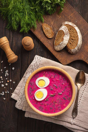 Beetroot cold soup with yogurt and eggs.の写真素材