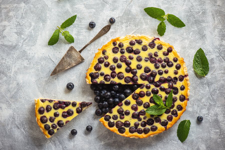 Cheesecake with blueberries and mint on a concrete background.の写真素材