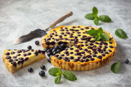 Cottage cheese tart with blueberries and mint on a gray background.の写真素材