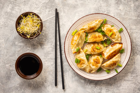 Gyoza, Japanese pan-fried dumplings, on light background.の写真素材