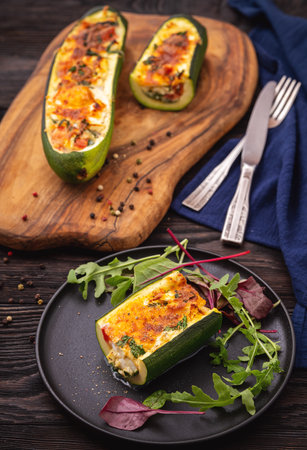 Zucchini stuffed with feta cheese, egg, parsley and cherry tomatoes on wooden backgroundの写真素材