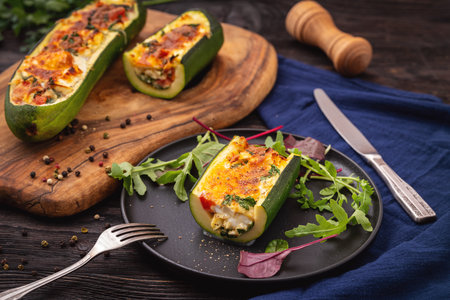 Zucchini stuffed with feta cheese, egg, parsley and cherry tomatoes on wooden backgroundの写真素材